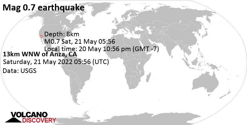 Незначительное землетрясение маг. 0.7 - 13km WNW of Anza, CA, Пятница, 20 мая 2022 22:56 (GMT -7)