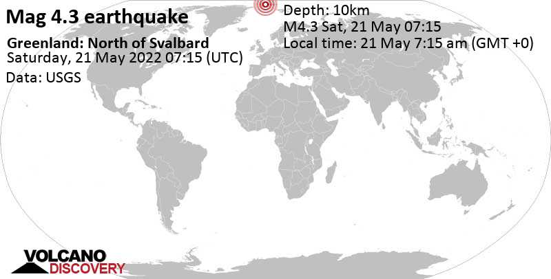 Moderate mag. 4.3 earthquake - Arctic Ocean, Greenland, on Saturday, May 21, 2022 at 7:15 am (GMT +0)