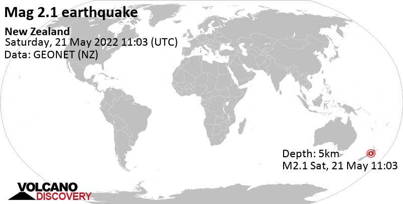 Schwaches Erdbeben Stärke 2.1 - Tasman Sea, 78 km nördlich von Wellington, Neuseeland, am Samstag, 21. Mai 2022 um 23:03 Lokalzeit