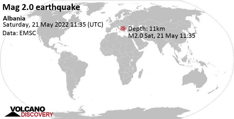 Minor mag. 2.0 earthquake - Qarku i Shkodrës, 28 km west of Kukës, Qarku i Kukësit, Albania, on Saturday, May 21, 2022 at 1:35 pm (GMT +2)
