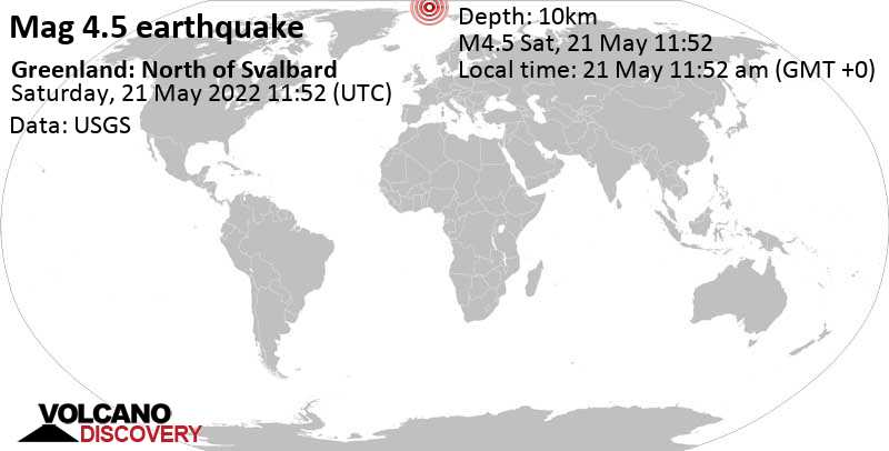 Moderate mag. 4.5 earthquake - Arctic Ocean, Greenland, on Saturday, May 21, 2022 at 11:52 am (GMT +0)