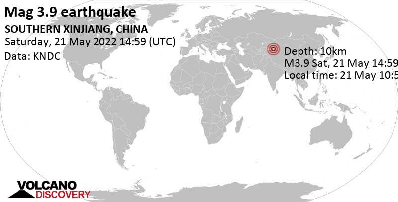 Μέτριος σεισμός μεγέθους 3.9 - 54 km νοτιοανατολικά από Kucha, Xinjiang, Κίνα, Σάββατο, 21 Μαΐ 2022 22:59 (GMT +8)