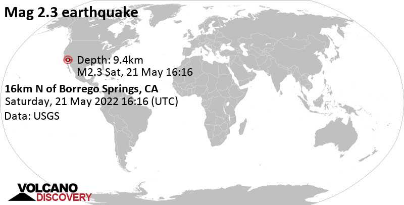 Слабое землетрясение маг. 2.3 - 16km N of Borrego Springs, CA, Суббота, 21 мая 2022 09:16 (GMT -7)