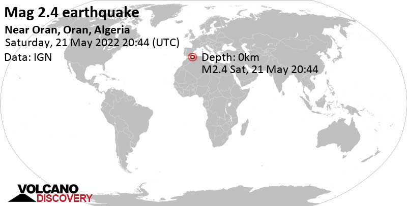Weak mag. 2.4 earthquake - Western Mediterranean, 45 km west of Mostaganem, Algeria, on Saturday, May 21, 2022 at 9:44 pm (GMT +1)