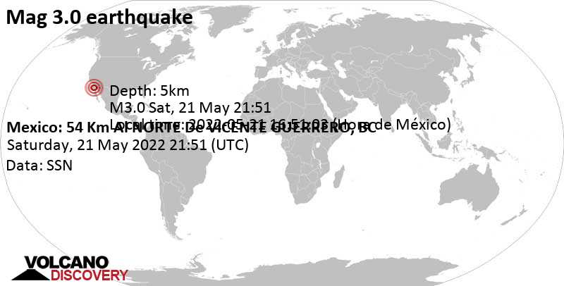 Light mag. 3.0 earthquake - 38 km east of San Vicente, Ensenada Municipality, Baja California, Mexico, on Saturday, May 21, 2022 at 2:51 pm (GMT -7)