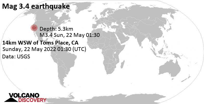 Ελαφρύς σεισμός μεγέθους 3.4 - 20 km νοτιοανατολικά από Mammoth Lakes, Mono County, Καλιφόρνια, Ηνωμένες Πολιτείες, Σάββατο, 21 Μαΐ 2022 18:30 (GMT -7)