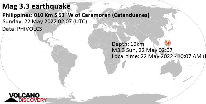Terremoto leve mag. 3.3 - Philippine Sea, 10.1 km SW of Caramoran, Philippines, domingo, 22 may 2022 10:07 (GMT +8)