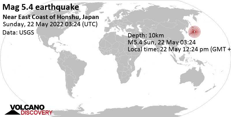 Terremoto forte mag. 5.4 - North Pacific Ocean, 53 km a sud-est da Iwaki, Prefettura di Fukushima, Giappone, domenica, 22 mag 2022 12:24 (GMT +9)