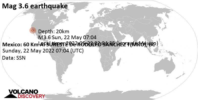 Ελαφρύς σεισμός μεγέθους 3.6 - 72 km νοτιοανατολικά από Ensenada, Μεξικό, Κυριακή, 22 Μαΐ 2022 00:04 (GMT -7)
