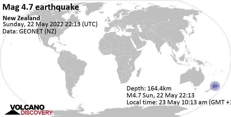 Leichtes Erdbeben der Stärke 4.7 - 25 km südöstlich von Tauranga, Bay of Plenty, Neuseeland, am Montag, 23. Mai 2022 um 10:13 Lokalzeit