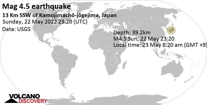 Leichtes Erdbeben der Stärke 4.5 - 28 km südwestlich von Tokushima, Japan, am Montag, 23. Mai 2022 um 08:20 Lokalzeit