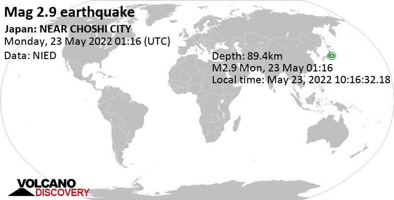 Minor mag. 2.9 earthquake - North Pacific Ocean, 8.3 km southeast of Asahi, Chiba, Japan, on Monday, May 23, 2022 at 10:16 am (GMT +9)