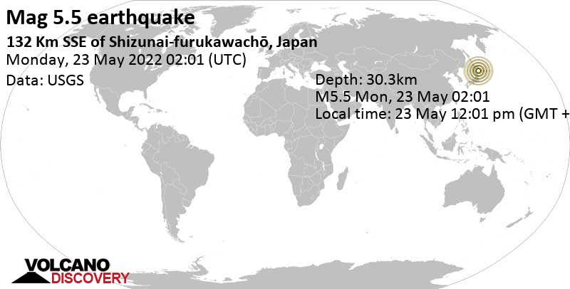 Tremblement de terre fort magnitude 5.5 - Océan Pacifique Nord, 156 km au nord-est de Hachinohe, Japon, lundi, 23 mai 2022 12:01 (GMT +10)