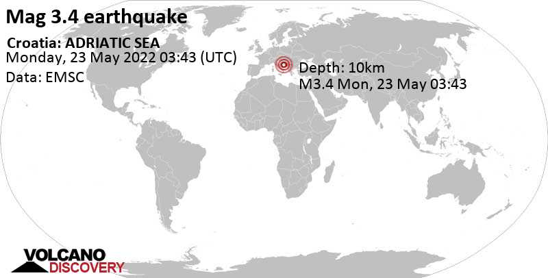 Leichtes Erdbeben der Stärke 3.4 - Adriatisches Meer, 52 km südöstlich von Split, Kroatien, am Montag, 23. Mai 2022 um 05:43 Lokalzeit