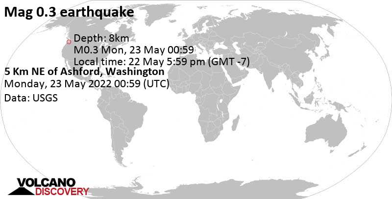 Minor mag. 0.3 earthquake - 5 Km NE of Ashford, Washington, on Sunday, May 22, 2022 at 5:59 pm (GMT -7)