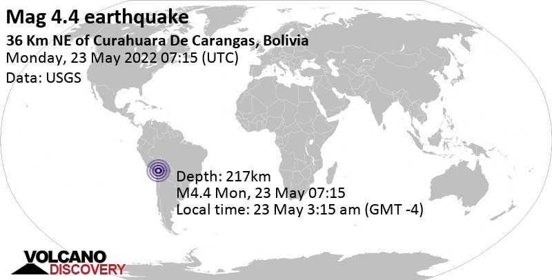 Leichtes Erdbeben der Stärke 4.4 - 53 km südwestlich von Patacamaya, Aroma, Departamento de La Paz, Bolivien, am Montag, 23. Mai 2022 um 03:15 Lokalzeit