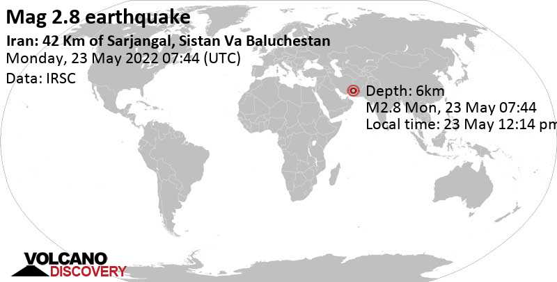 Weak mag. 2.8 earthquake - 107 km southwest of Zahedan, Sistan and Baluchestan, Iran, on Monday, May 23, 2022 at 12:14 pm (GMT +4:30)