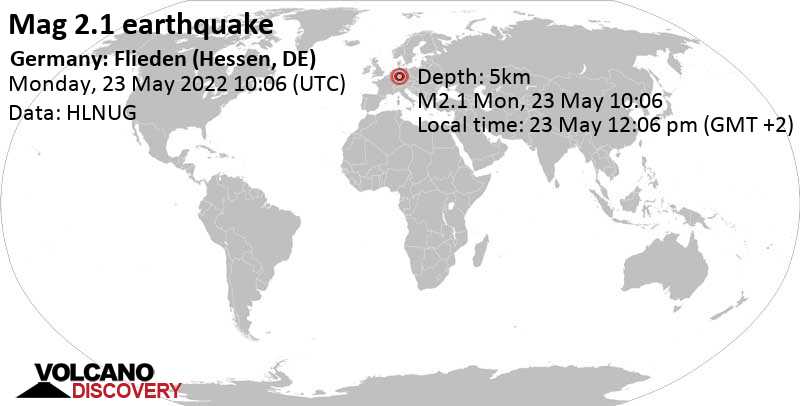 Schwaches Erdbeben Stärke 2.1 - 19 km südlich von Fulda, Kassel, Hessen, Deutschland, am Montag, 23. Mai 2022 um 12:06 Lokalzeit