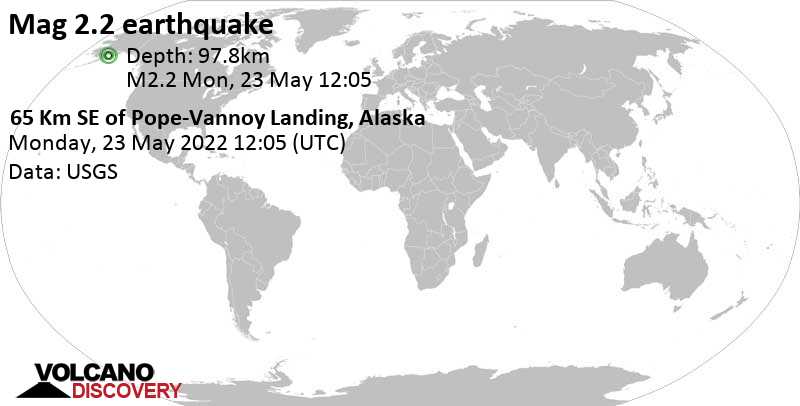 Sehr schwaches Beben Stärke 2.2 - 65 Km SE of Pope-Vannoy Landing, Alaska, am Montag, 23. Mai 2022 um 04:05 Lokalzeit