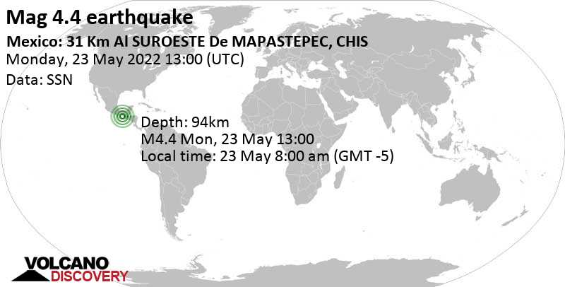 Light mag. 4.4 earthquake - North Pacific Ocean, 30 km west of Mapastepec, Chiapas, Mexico, on Monday, May 23, 2022 at 8:00 am (GMT -5)