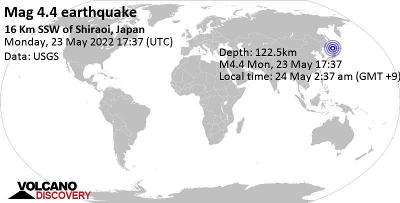 Light mag. 4.4 earthquake - North Pacific Ocean, 27 km northeast of Muroran, Hokkaido, Japan, on Tuesday, May 24, 2022 at 2:37 am (GMT +9)