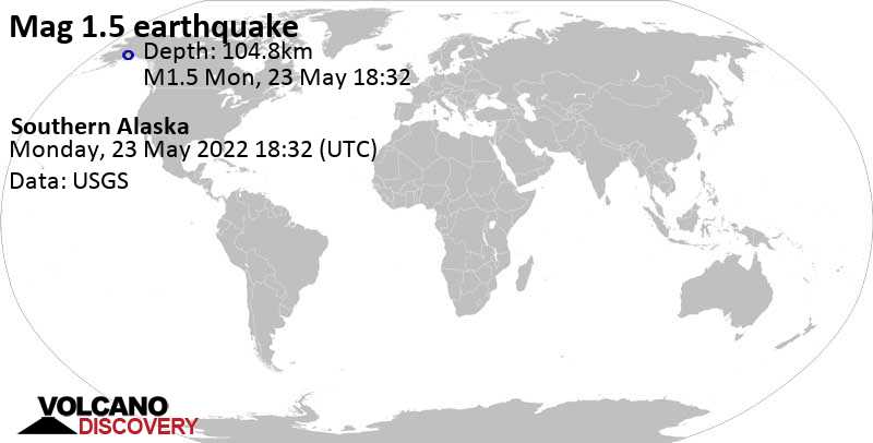 Sehr schwaches Beben Stärke 1.7 - 108 km westlich von Willow Creek, Matanuska-Susitna, Alaska, USA, am Montag, 23. Mai 2022 um 10:32 Lokalzeit