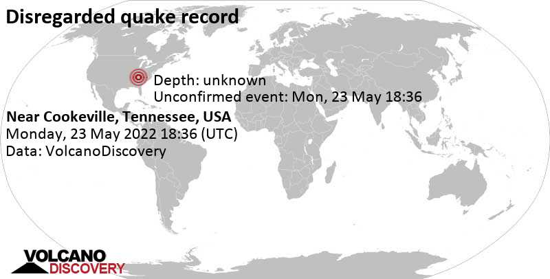 Unbekanntes (usrprünglich als Erdbeben) gemeldetes Ereignis: 6.5 km südöstlich von Cookeville, Putnam County, Tennessee, USA, am Montag, 23. Mai 2022 um 13:36 Lokalzeit