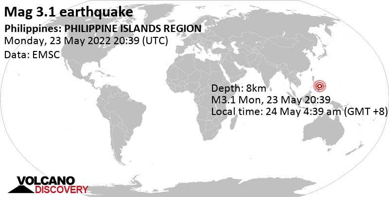 Leichtes Erdbeben der Stärke 3.1 - Philippine Sea, 36 km östlich von Santa Monica, Philippinen, am Dienstag, 24. Mai 2022 um 04:39 Lokalzeit