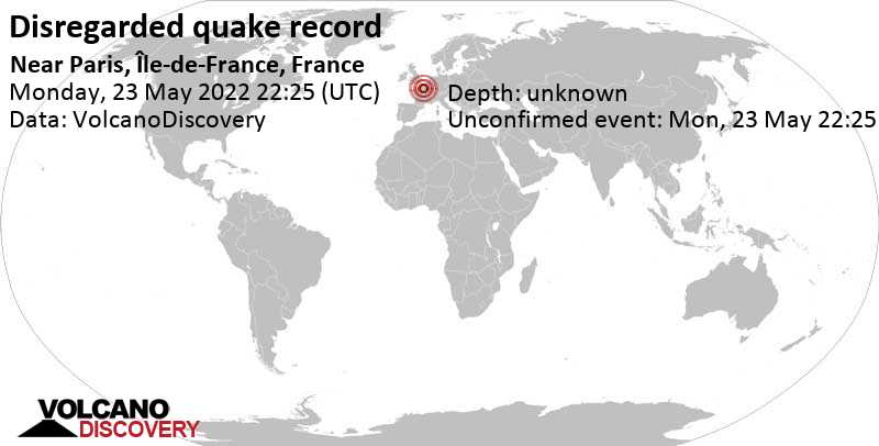 Unbekanntes (usrprünglich als Erdbeben) gemeldetes Ereignis: 13 km südlich von Paris, Ile de France, Frankreich, am Dienstag, 24. Mai 2022 um 00:25 Lokalzeit