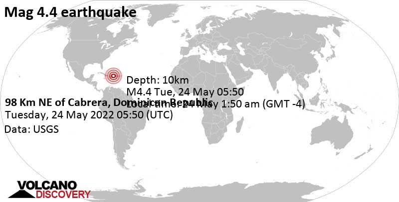 Μέτριος σεισμός μεγέθους 4.4 - North Atlantic Ocean, 209 km βόρεια από Σάντο Ντομίνγκο, Δομινικανή Δημοκρατία, Τρίτη, 24 Μαΐ 2022 01:50 (GMT -4)
