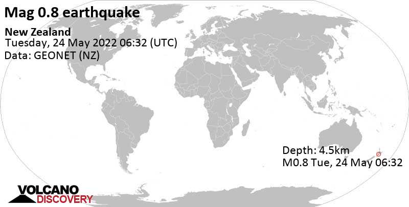 Sehr schwaches Beben Stärke 0.8 - New Zealand, am Dienstag, 24. Mai 2022 um 18:32 Lokalzeit