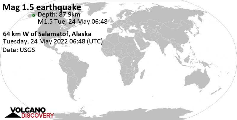 Sehr schwaches Beben Stärke 1.1 - 61 Km WSW of Salamatof, Alaska, am Montag, 23. Mai 2022 um 22:48 Lokalzeit