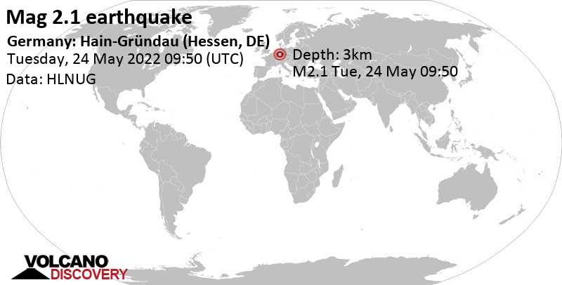Schwaches Erdbeben Stärke 2.1 - 7.8 km nördlich von Gelnhausen, Darmstadt, Hessen, Deutschland, am Dienstag, 24. Mai 2022 um 11:50 Lokalzeit