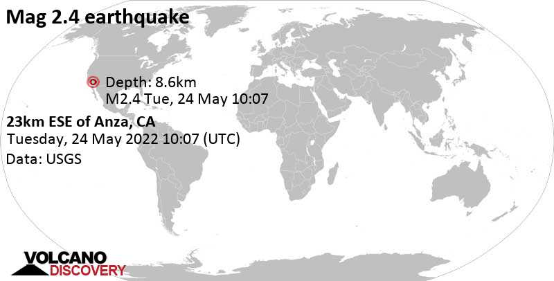 Αδύναμος σεισμός μεγέθους 2.4 - 23km ESE of Anza, CA, Τρίτη, 24 Μαΐ 2022 03:07 (GMT -7)