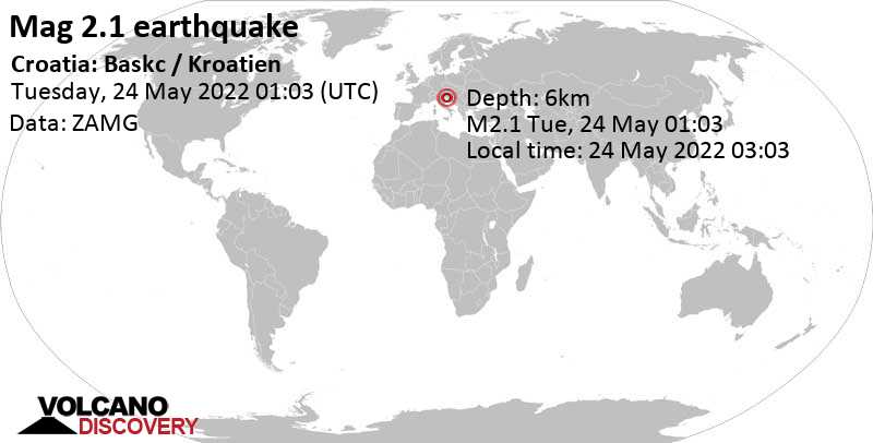 Schwaches Erdbeben Stärke 2.1 - 45 km südöstlich von Rijeka, Primorje-Gorski kotar, Kroatien, am Dienstag, 24. Mai 2022 um 03:03 Lokalzeit