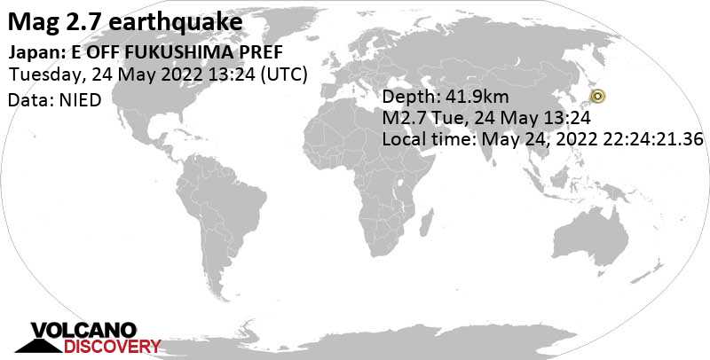 Minor mag. 2.7 earthquake - North Pacific Ocean, 92 km southeast of Ishinomaki, Honshu-miyagi-ken, Japan, on Tuesday, May 24, 2022 at 10:24 pm (GMT +9)