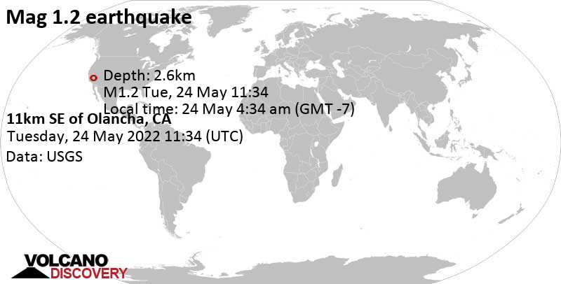 Minor mag. 1.2 earthquake - 11km SE of Olancha, CA, on Tuesday, May 24, 2022 at 4:34 am (GMT -7)