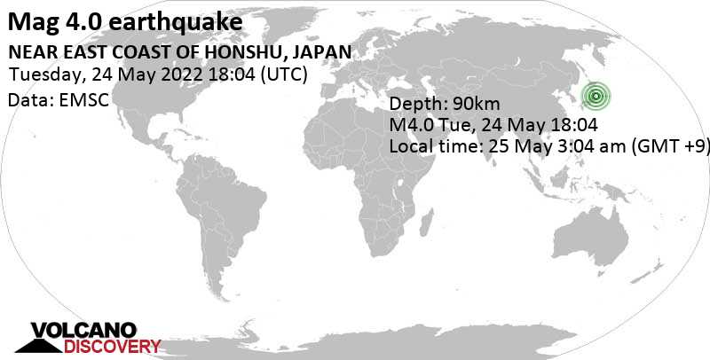 Light mag. 4.0 earthquake - North Pacific Ocean, 9 km east of Namie, Futaba-gun, Fukushima, Japan, on Wednesday, May 25, 2022 at 3:04 am (GMT +9)