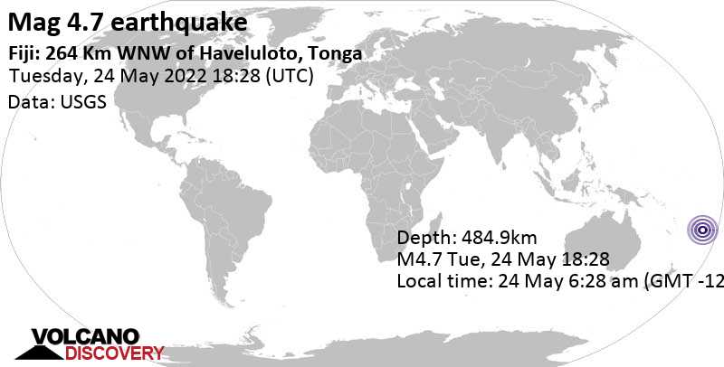 Sismo leggero mag. 4.7 - South Pacific Ocean, Figi, 265 km a ovest da Nukalofa, Nuku\'alofa, Tongatapu, martedì, 24 mag 2022 06:28 (GMT -12)