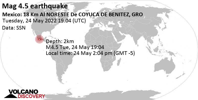 Terremoto moderado mag. 4.5 - 29 km N of Acapulco, Guerrero, Mexico, martes, 24 may 2022 14:04 (GMT -5)