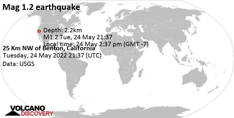 Minor mag. 1.2 earthquake - 25 Km NW of Benton, California, on Tuesday, May 24, 2022 at 2:37 pm (GMT -7)