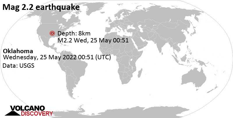 Weak mag. 2.2 earthquake - Oklahoma on Tuesday, May 24, 2022 at 7:51 pm (GMT -5)