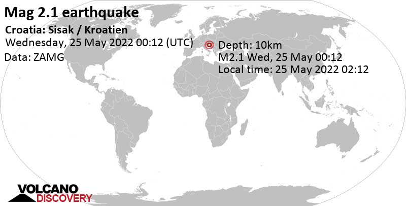 Weak mag. 2.1 earthquake - 15 km southwest of Sisak, Croatia, on Wednesday, May 25, 2022 at 2:12 am (GMT +2)