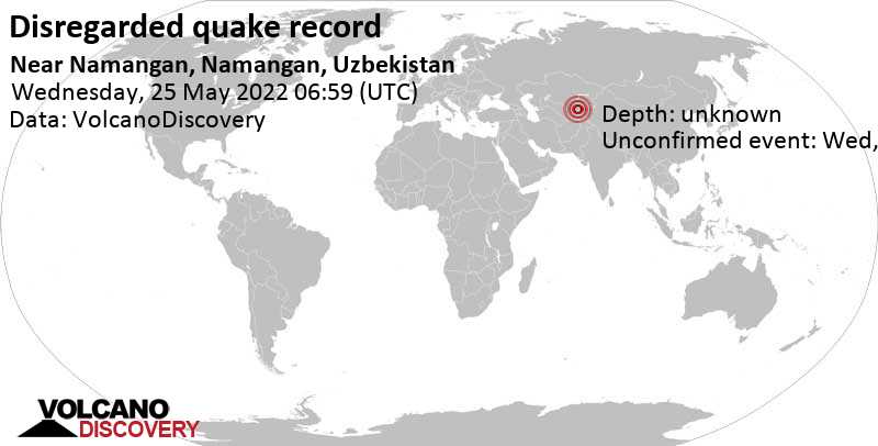 Неизвестное событие (первоначально сообщалось как землетрясение): 1.5 km к востоку от Наманган, Узбекистан, Среда, 25 мая 2022 11:59 (GMT +5)