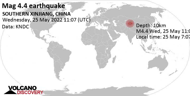 Moderate mag. 4.4 earthquake - 87 km southwest of Kucha, Xinjiang, China, on Wednesday, May 25, 2022 at 7:07 pm (GMT +8)