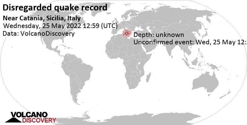 Άγνωστο γεγονός (αναφέρθηκε αρχικά ως σεισμός): 12 km νότια από Κατάνη, Σικελία, Ιταλία, Τετάρτη, 25 Μαΐ 2022 14:59 (GMT +2)