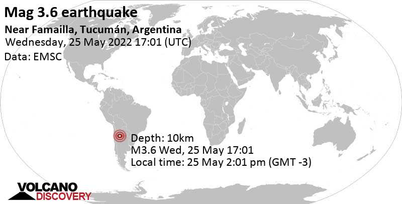 Leichtes Erdbeben der Stärke 3.6 - 20 km südlich von San Miguel de Tucumán, Departamento de Capital, Tucuman, Argentinien, am Mittwoch, 25. Mai 2022 um 14:01 Lokalzeit