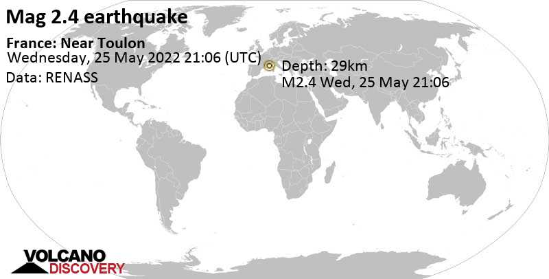 Sehr schwaches Beben Stärke 2.4 - Western Mediterranean, 63 km südlich von Toulon, Frankreich, am Mittwoch, 25. Mai 2022 um 23:06 Lokalzeit