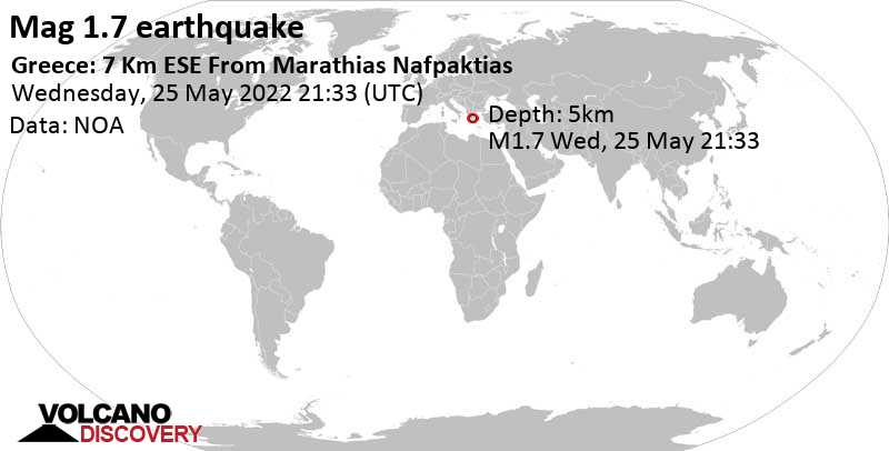 Sehr schwaches Beben Stärke 1.7 - 13 km nördlich von Aigio, Achaea, Westgriechenland, am Donnerstag, 26. Mai 2022 um 00:33 Lokalzeit