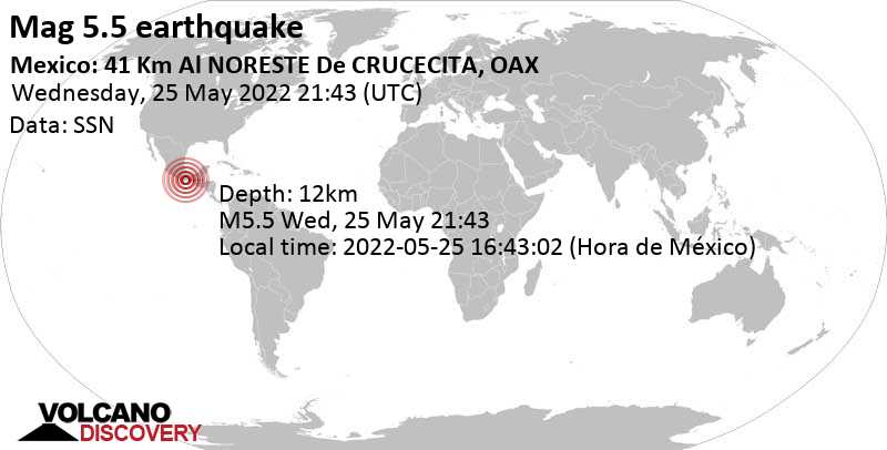 Fuerte terremoto magnitud 5.5 - 41 km NNE of Crucecita, Santa Maria Huatulco, Oaxaca, Mexico, miércoles, 25 may 2022 16:43 (GMT -5)